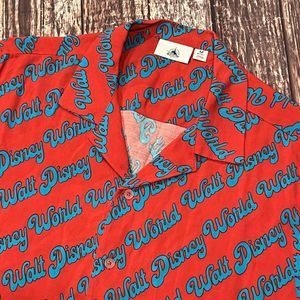 VTG Walt Disney Parks World All Over Print Logo Rayon Hawaiian Shirt Size Medium